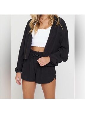 Spiritual Gangster Elana Woven Cropped Zipped Black Lightweight Jacket, Large